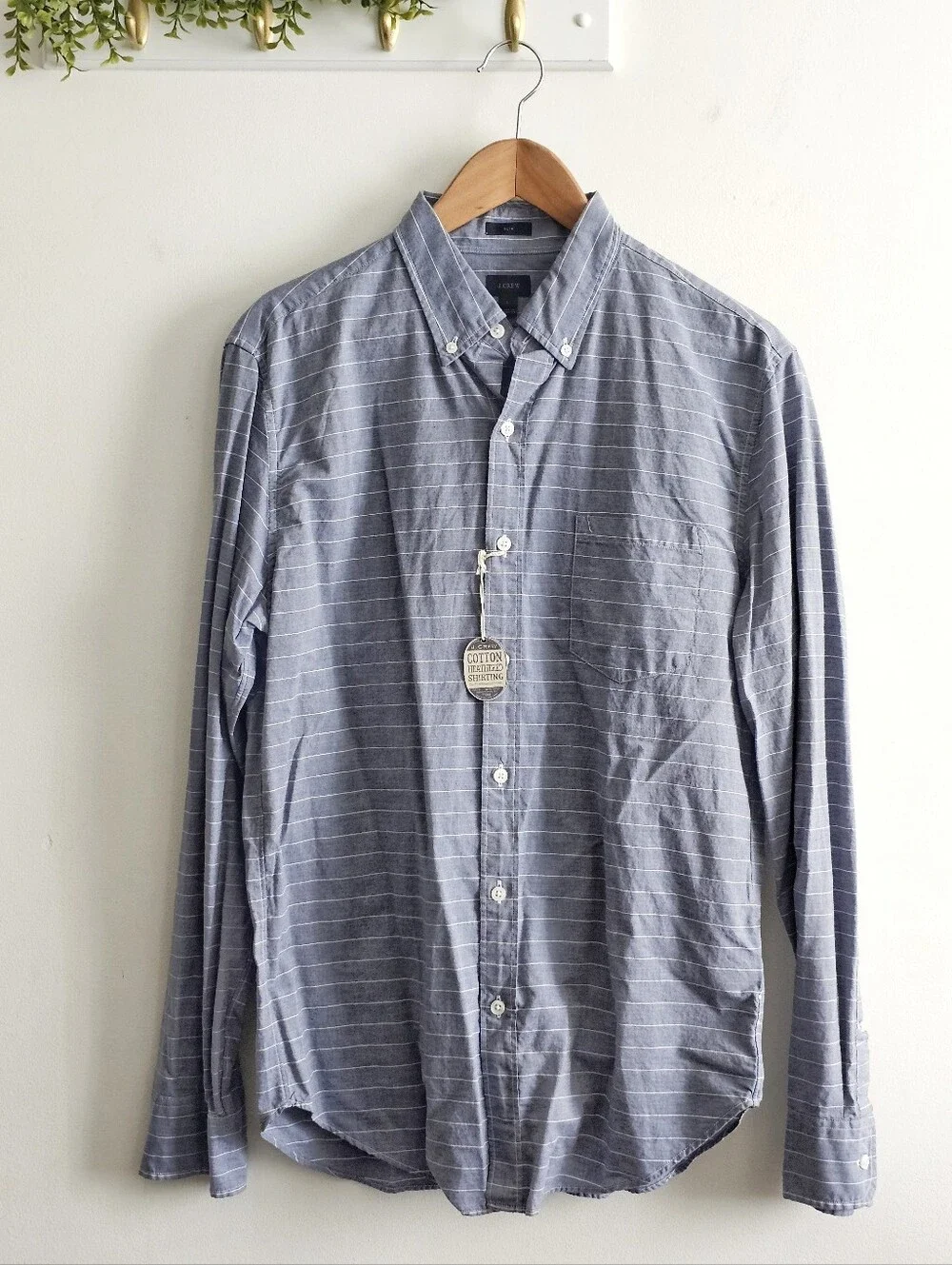 NWT J.Crew Slim Cotton Heathered Shirting Blue Stripe Button Down Shirt Mens L
